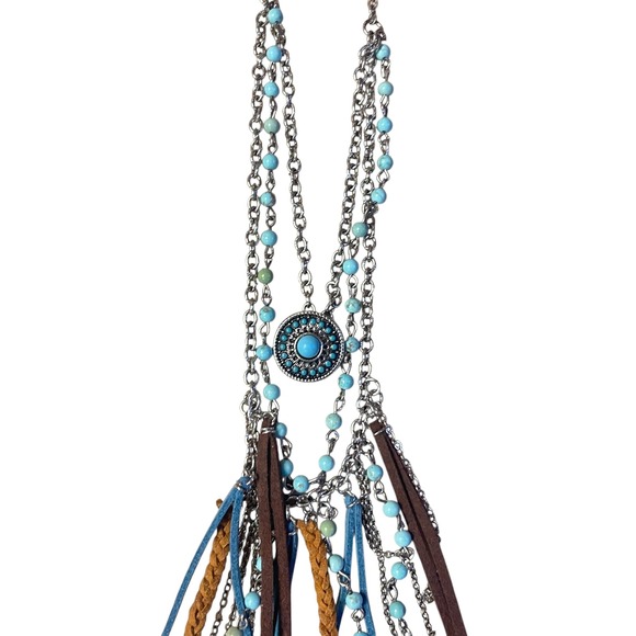 Justin Turquoise Tone Beaded Layered Necklace Feather Leather Tassels Western - Picture 4 of 8